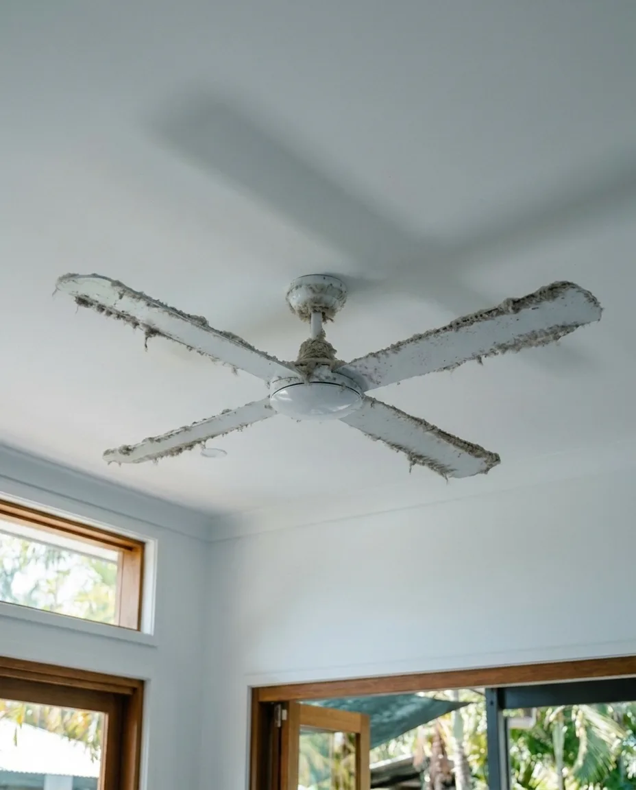 Dusty ceiling fan blade before cleaning