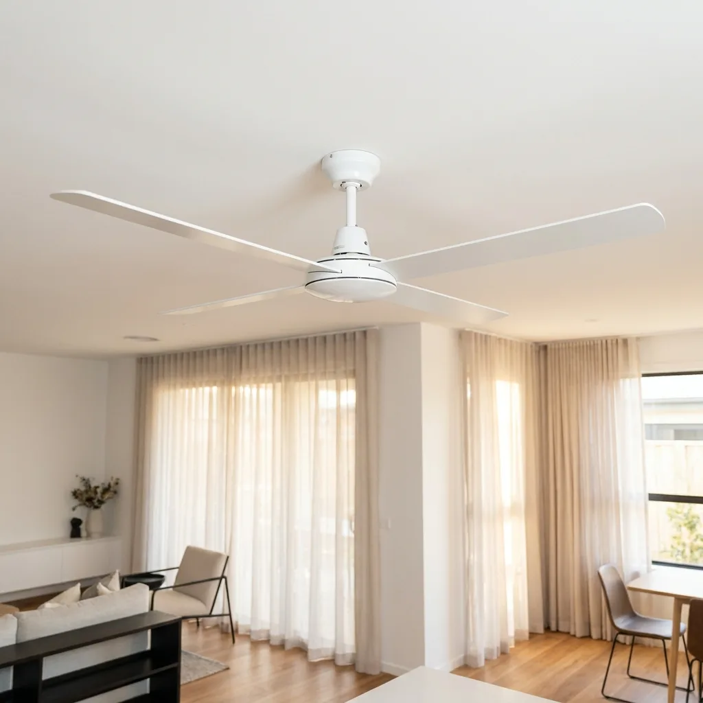White ceiling fan in a living room, after cleaning