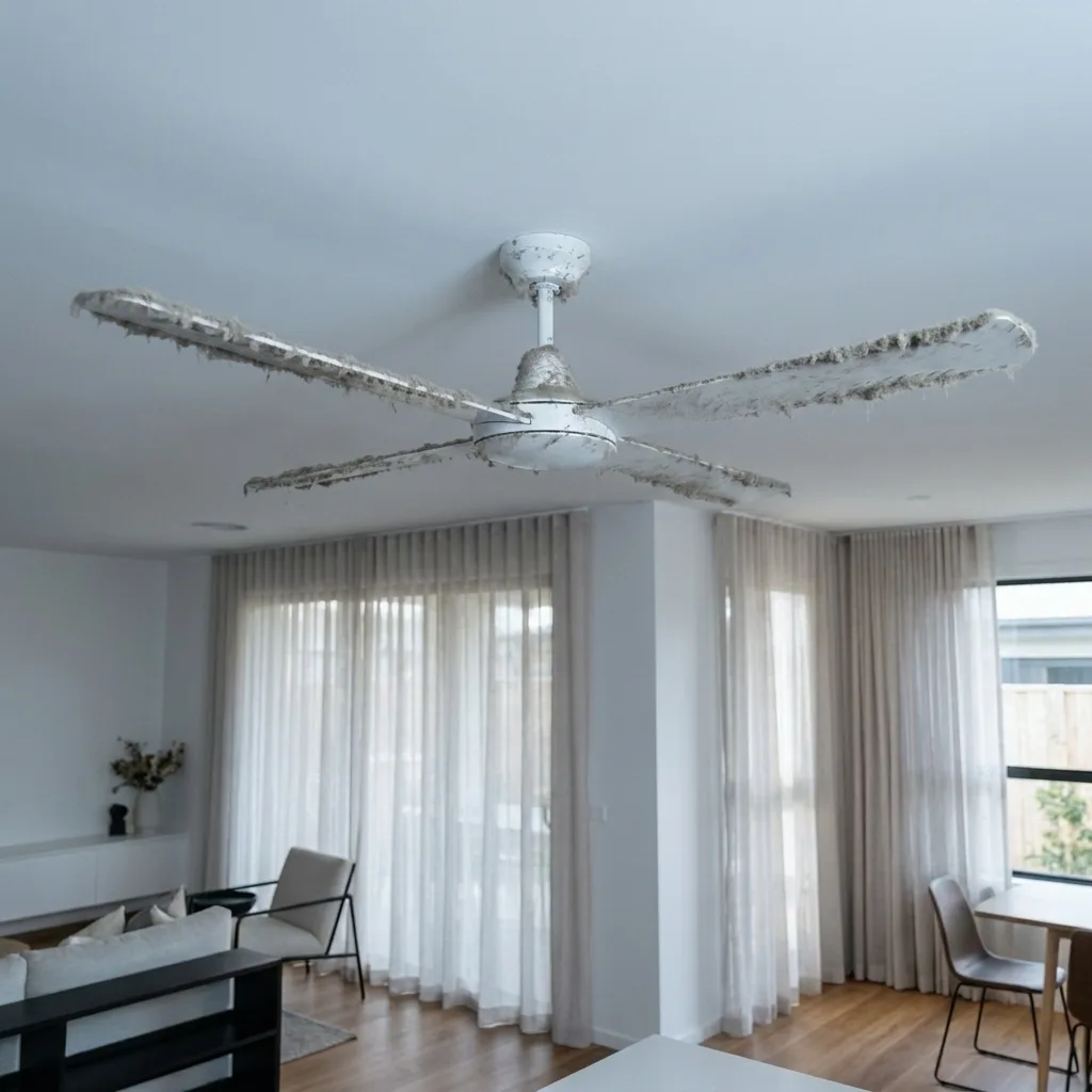 White ceiling fan in a living room, before cleaning