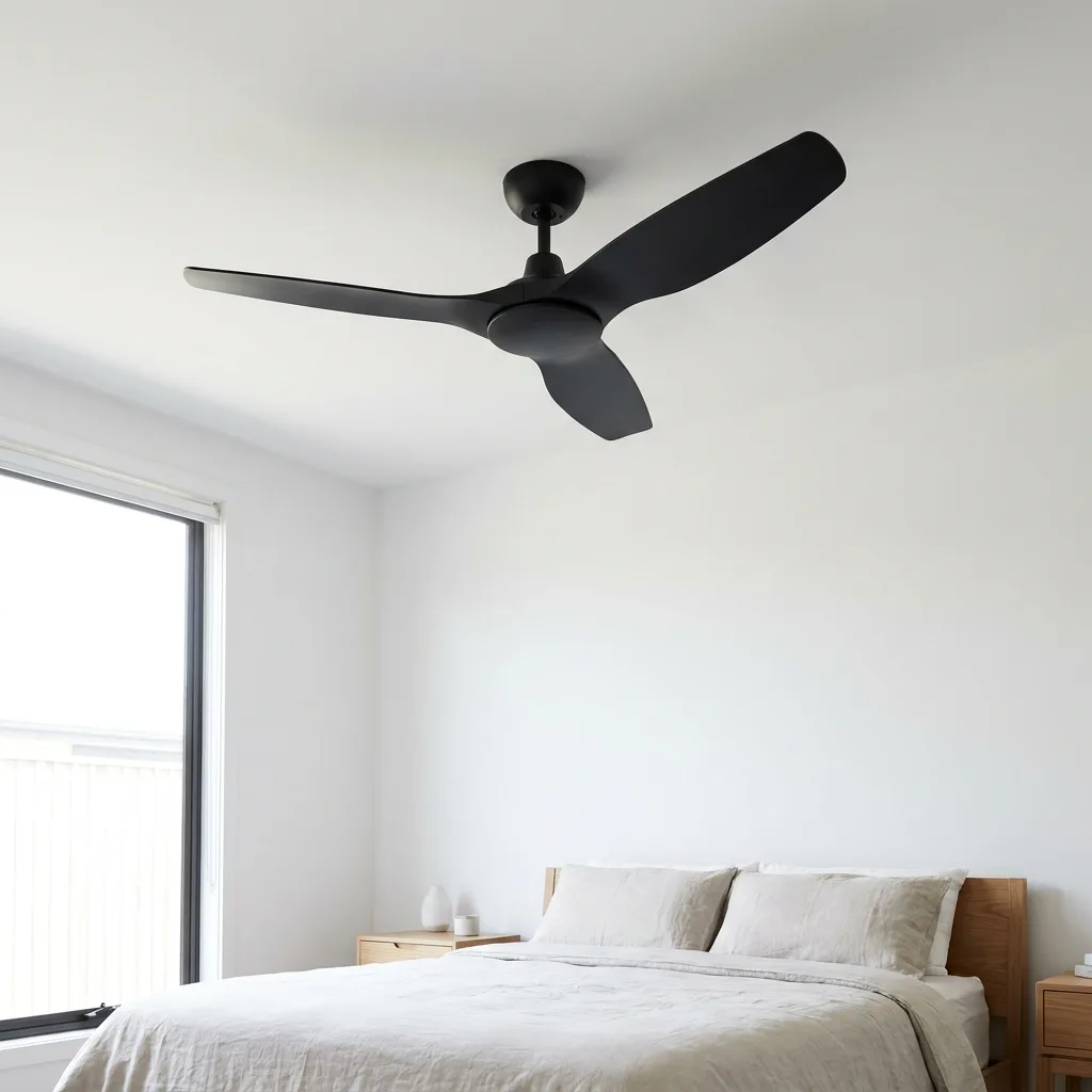 Black DC ceiling fan in a bedroom, after cleaning