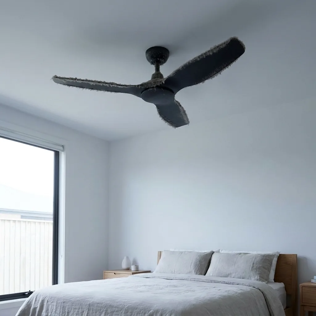 Black DC ceiling fan in a bedroom, before cleaning