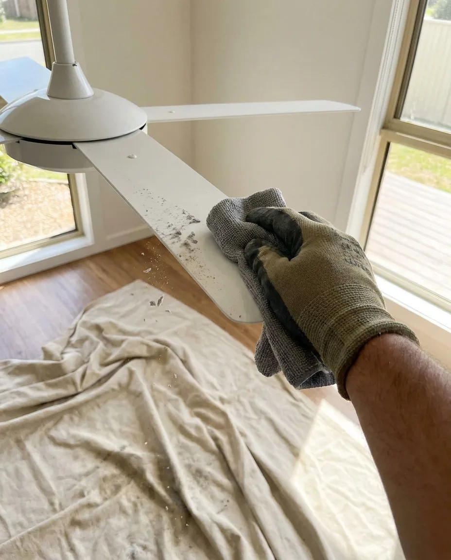 a tech cleaning a ceiling fan blade, drop cloth down