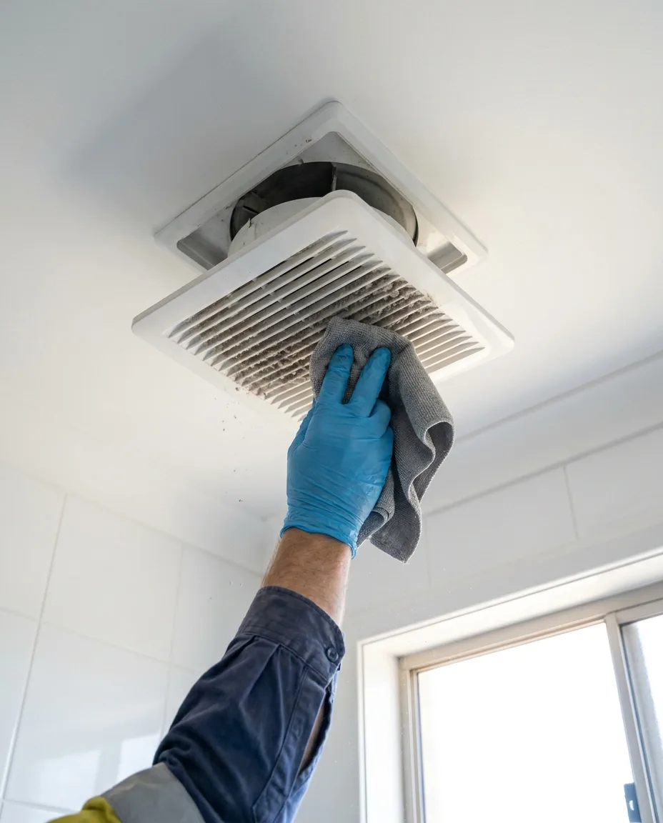 a kitchen or bathroom exhaust fan being cleaned